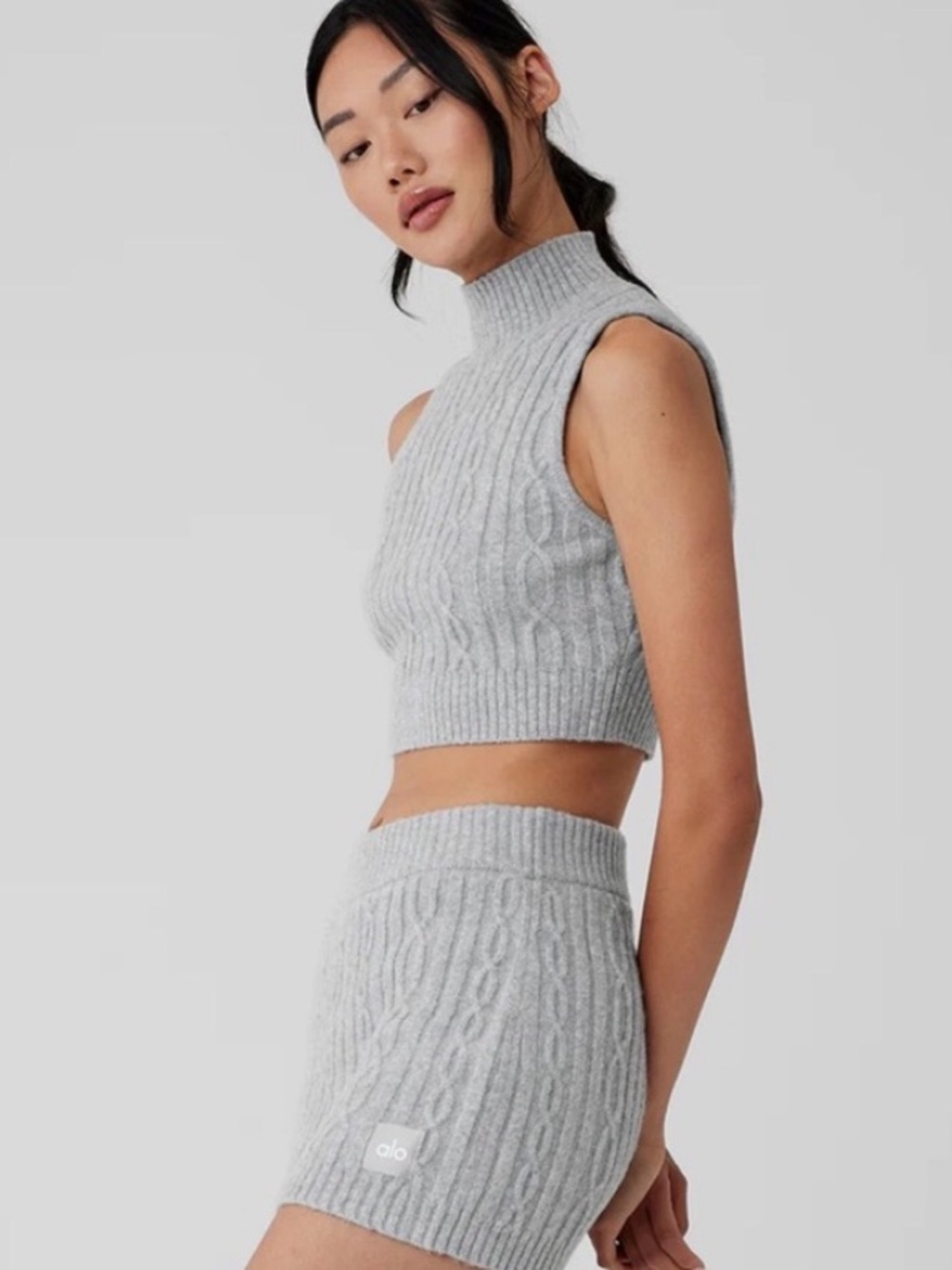 ALO YOGA 
Cable Knit Winter Bliss Mock Neck Tank Top Heather Grey Size  XS NWOT
